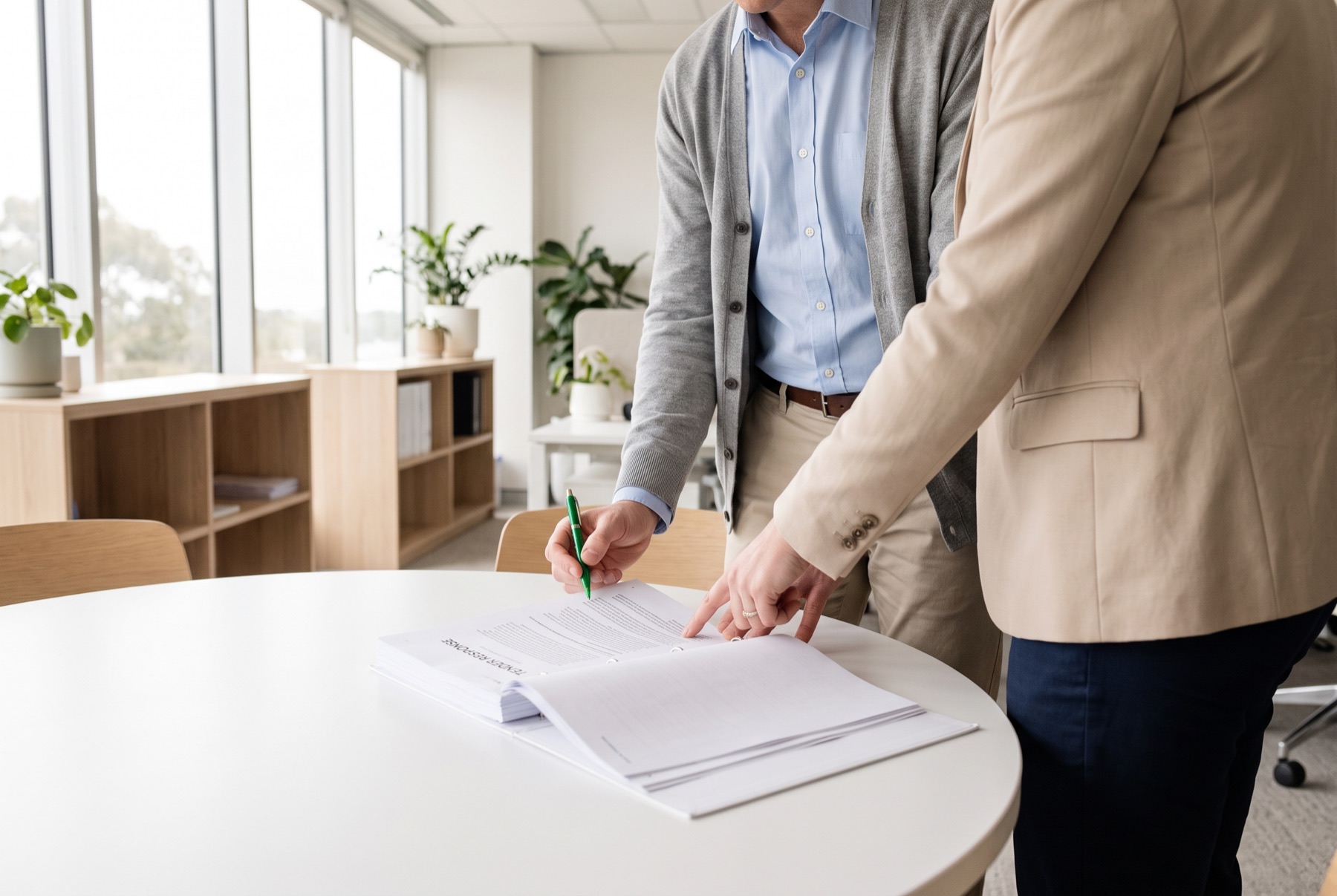 Two bid professionals reviewing a printed tender response