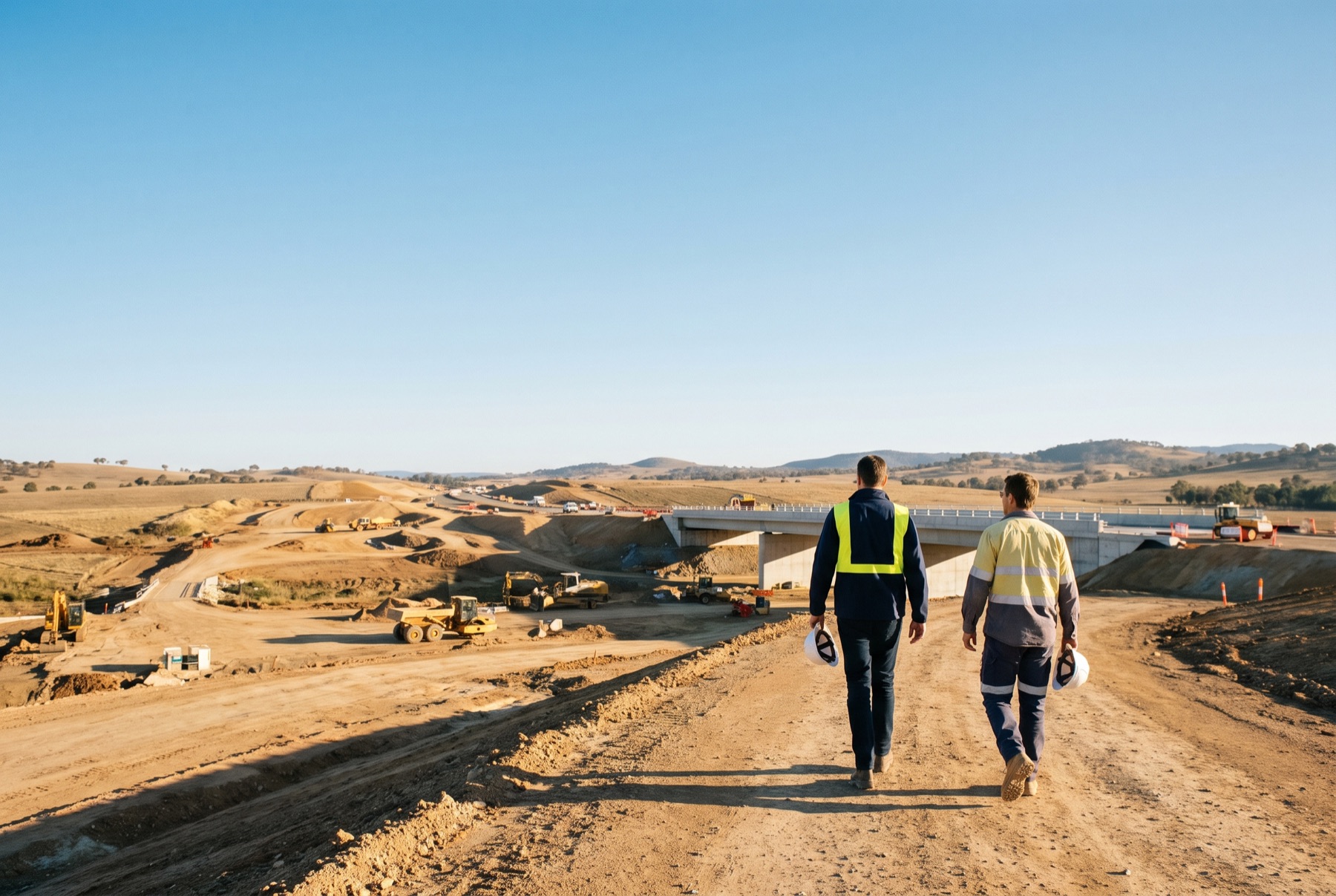 A company director walking a civil works site with a client